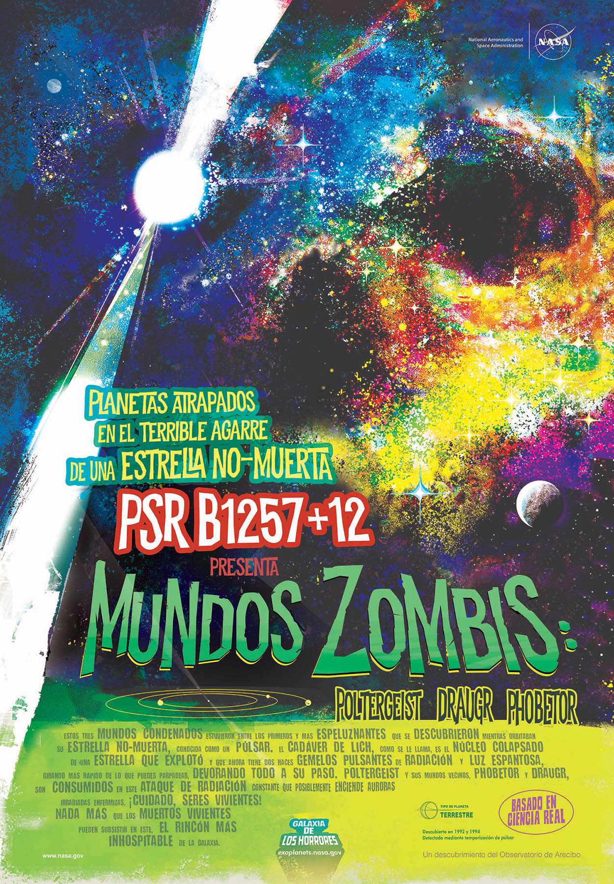 A poster done in the style of movie posters from the 1950s and 1960s showing the zombie worlds with a colorful nebula and a planet being blasted by twin beams of radiation by the pulsar host star. The overall image creates the look of a scary skull.