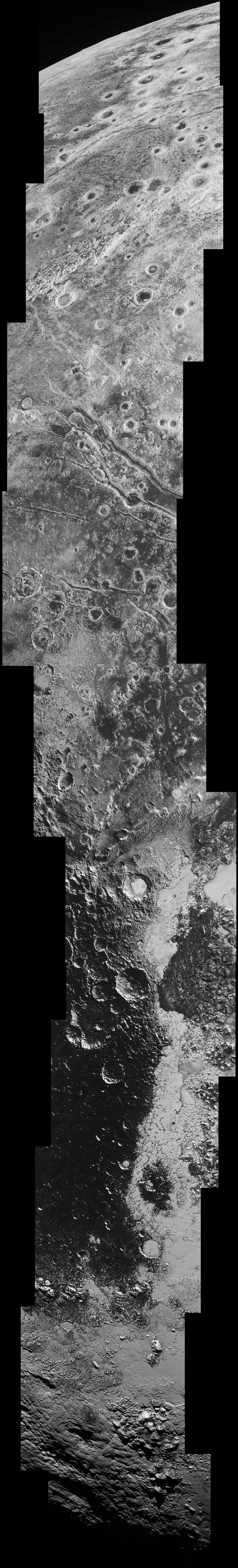 This high-resolution swath of Pluto (right) sweeps over the cratered plains at the west of the New Horizons' encounter hemisphere and across numerous prominent faults, skimming the eastern margin of the dark, forbidding region informally known as Cthulhu Regio, and finally passing over the mysterious, possibly cryovolcanic edifice Wright Mons, before reaching the terminator or day-night line.