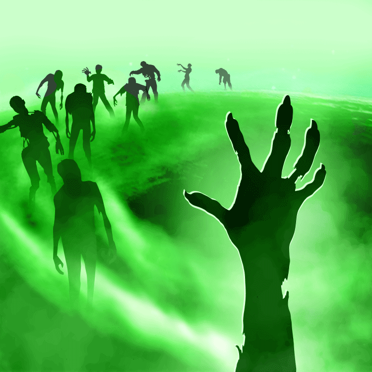 In this cartoon animation, an undead hand rises in the foreground as zombies bathed in a dusty green cloud of radiation 