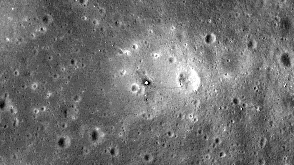 lunar surface seen from above with Apollo hardware visible as small objects