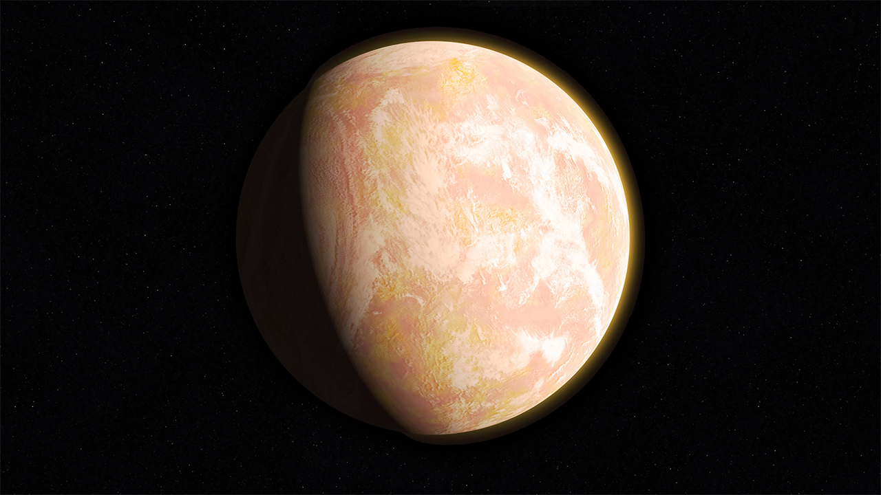 An illustration of ancient Earth. It appears yellow/orange in color with hazy clouds covering much of the surface. The planet sits in a field of black.