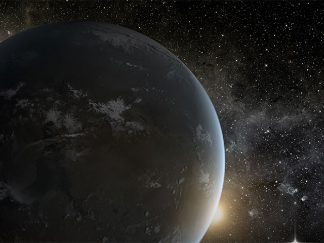 Illustration of darkened planet with a star peeking over its limb.