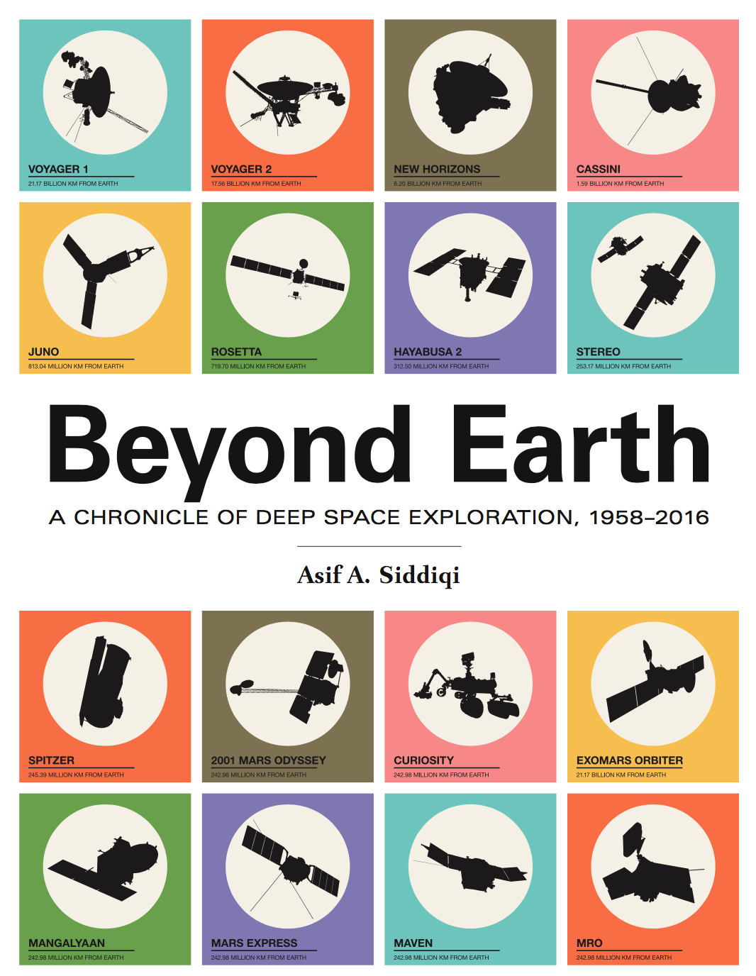 Colorful book cover for Beyond Earth: A Chronicle of Deep Space Exploration. It features spacecraft cutouts against a bright primary colors.