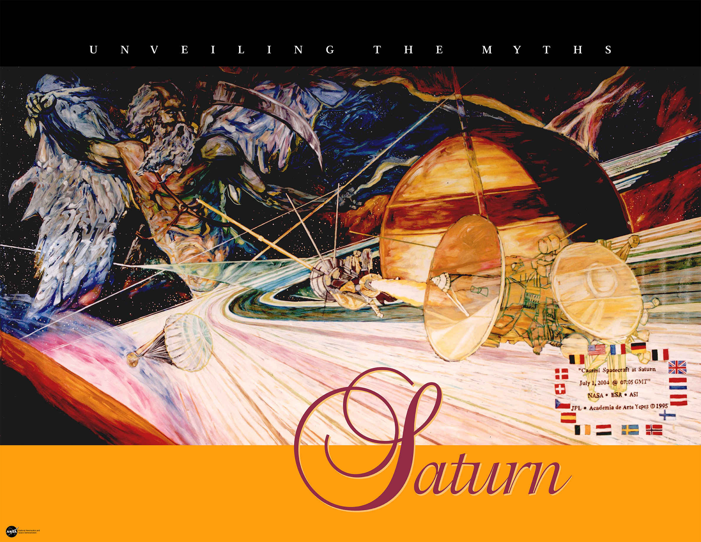 This poster depicts the mythological story of Saturn combined with images of space exploration.