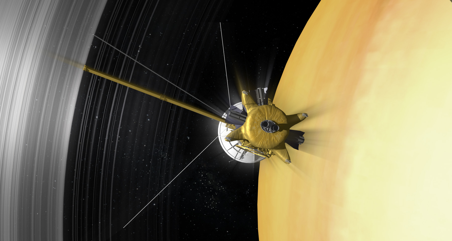 A spacecraft flies above a yellow curved surface.
