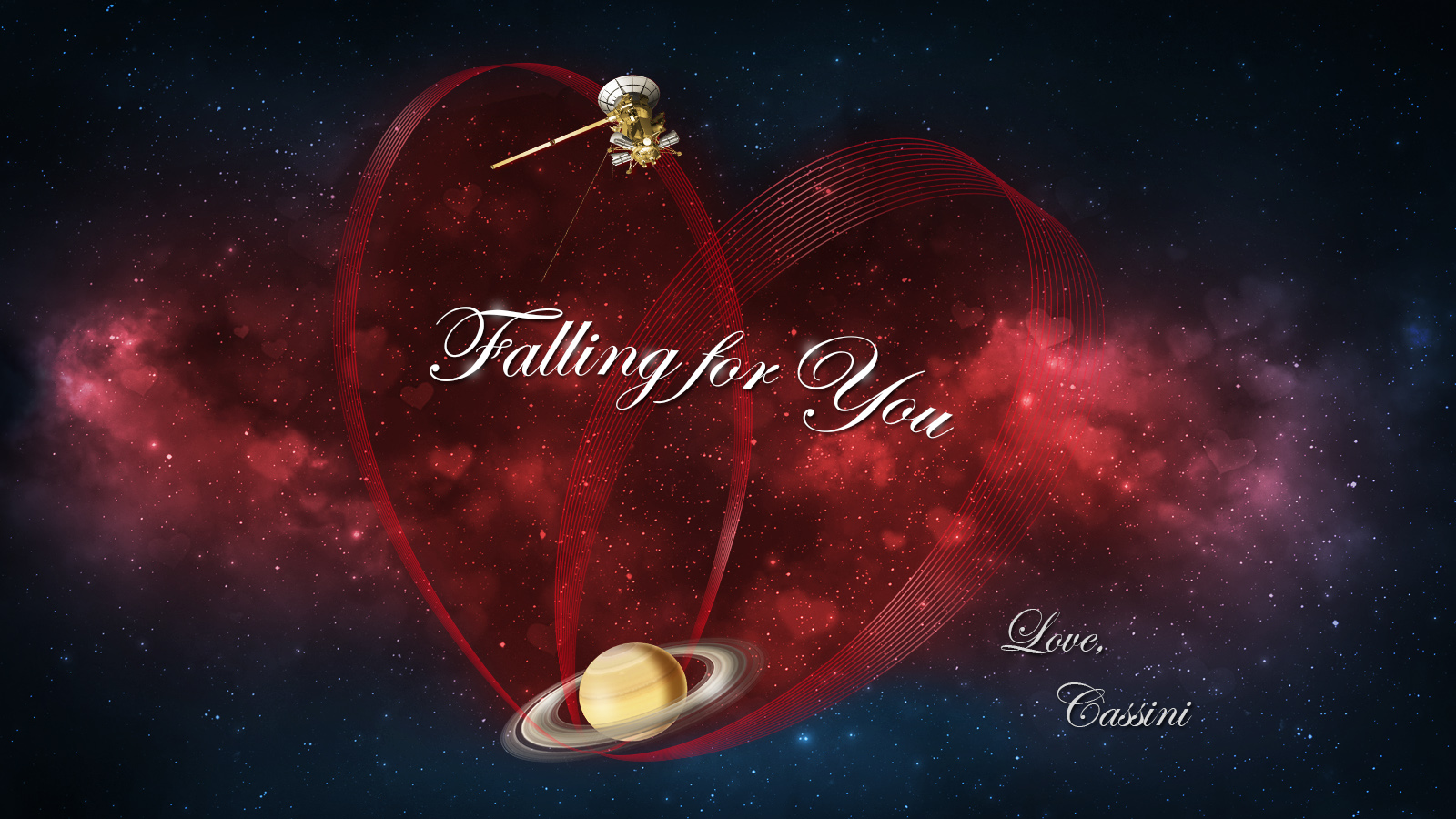 Illustration showing Cassini's orbits as a hear around Saturn. Text says falling for you. Love, Cassini.