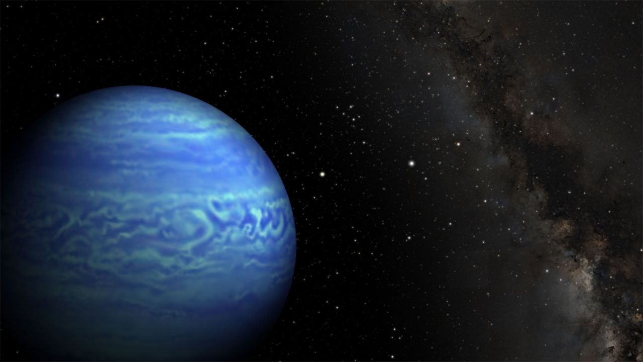 An artist's concept shows the coldest object outside our solar system as blue in color, with the band of the Milky Way in the background.