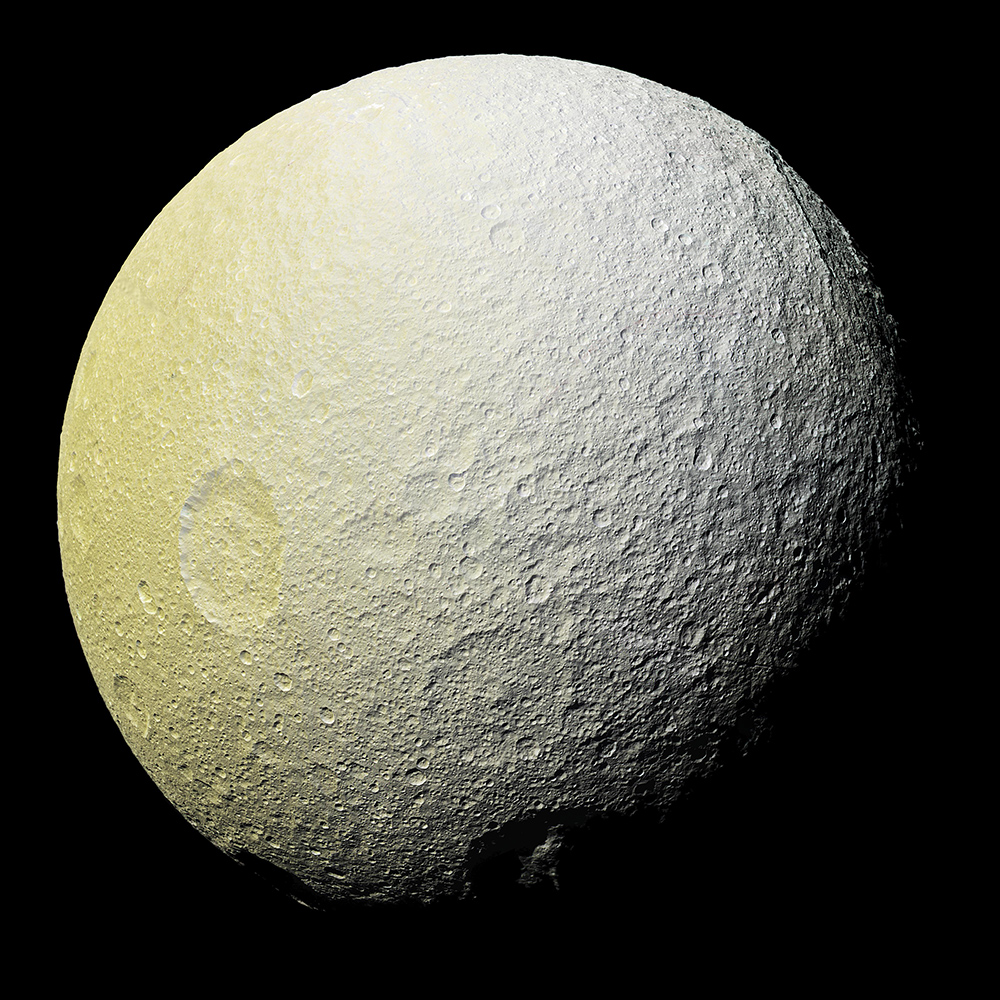 This enhanced-color mosaic of Saturn's icy moon Tethys shows a range of features on the moon's trailing hemisphere.