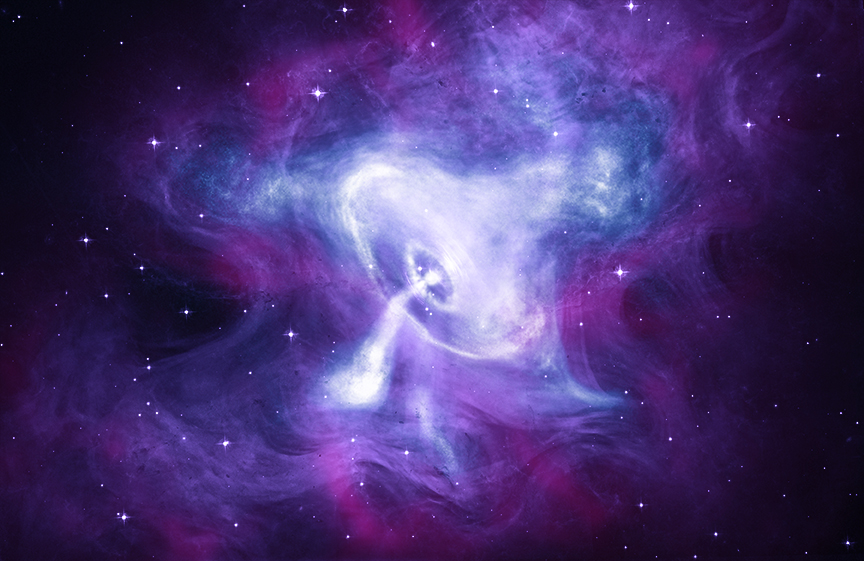 The image is dominated by the X-ray emission from the Crab nebula, shown in shades of blue and white. At the center is a bright ball surrounded by an oval of light whose long axis is tilted just to the left. Rising up and to the right from that oval is a cloud of material that looks like a witch’s hat with a broad brim and dented point. From the central ball there is also a bent stream of material to the left and downward. The optical light, in purple, appears as a background to the blue and white as a wispy cloud. The infrared emission, shown in pink, surrounds the blue and white light, looking like a diffuse web.