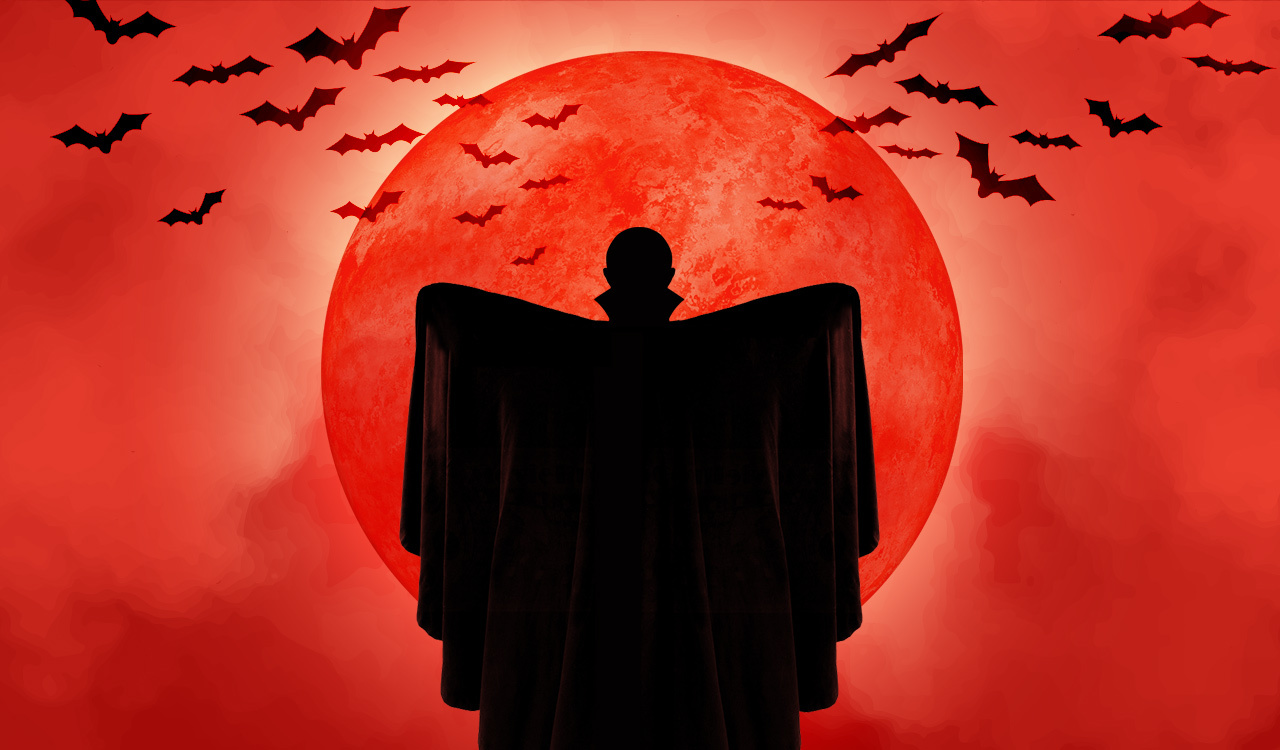An illustration of dracula on an exoplanet lifting his cape under a blood red sun, as bats fly out and surround him.