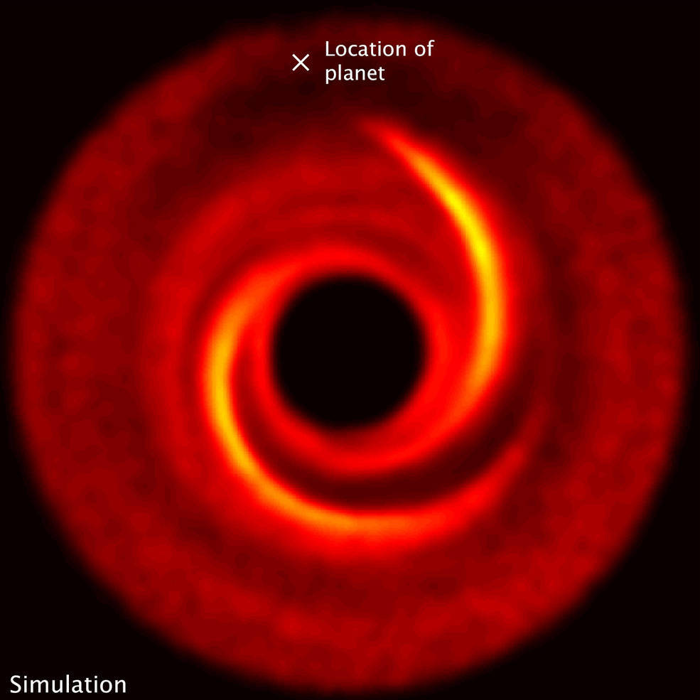 A computer model of where a possible planet may be hiding in the spiral arms of dust and gas that encircle newborn stars: NASA/ESA/ESO/M. Benisty et al. Univ. of Grenoble/R. Dong, Lawrence Berkeley National Lab/Z. Zhu, Princeton Univ.
