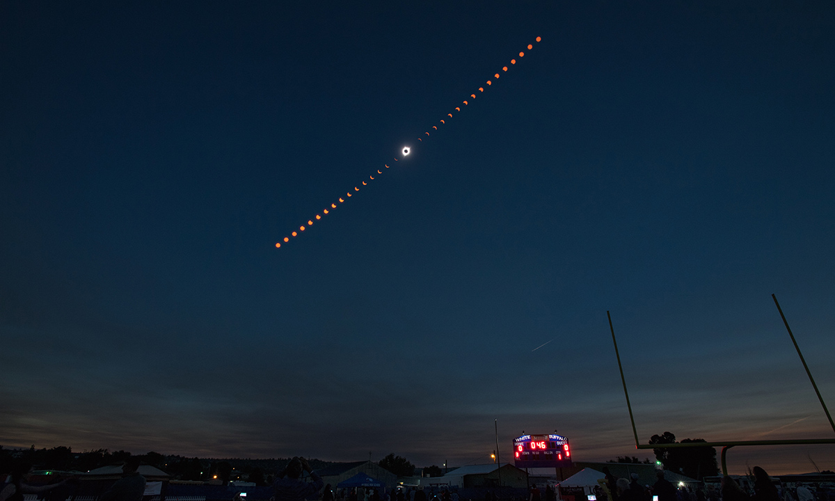 This composite image shows the progression of a total solar eclipse over Madras, Oregon, on Monday, Aug. 21, 2017.