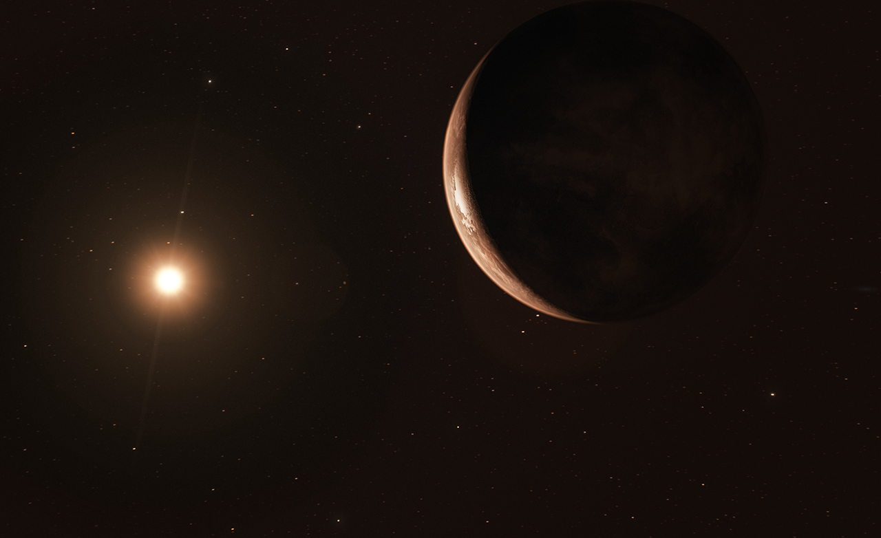 An exoplanet is seen in crescent near its host star.