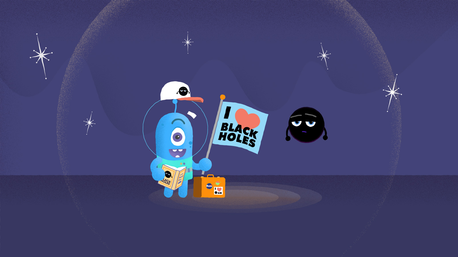 Against a purple background stands a smiling blue cartoon figure shaped like a round-topped cylinder with one eye and an antenna. They are wearing a bubble-shaped helmet, green space suit, and a baseball cap with a black hole figure. In one hand is a book on black holes and in the other is a flag that says “I heart black holes.” Next to them is a suitcase adorned with a few illegible stickers. Next to them is a cartoon black hole with narrowed eyes and a raised eyebrow.