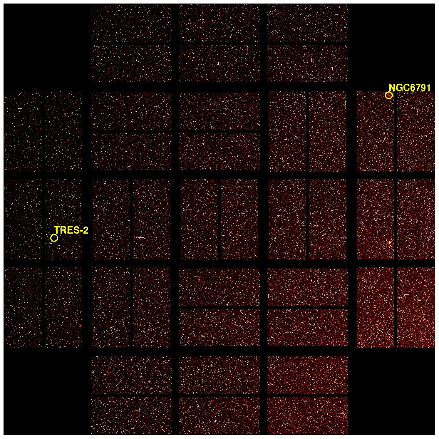 Full Focal Plane Image (First Light for Kepler Photometer) with labels