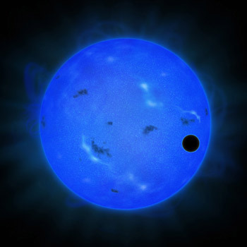 Artist's rendition of a transit of GJ 1214 b in blue light. The blue sphere represents the host star GJ 1214, and the black ball in front of it on the right is GJ 1214 b. (Credit: NAOJ)