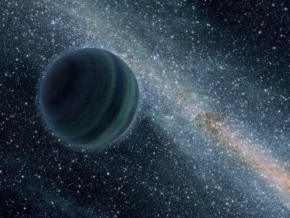 This artist's conception illustrates a Jupiter-like planet alone in the dark of space, floating freely without a parent star. Astronomers recently uncovered evidence for 10 such lone worlds, thought to have been "booted," or ejected, from developing solar systems.