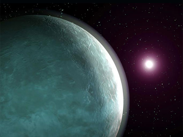 Illustration of a bluish-green planet orbiting a distant star.