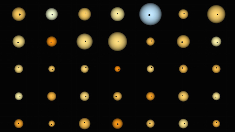 A visualization of exoplanets -- the small, black dots -- transiting the faces of their host stars.