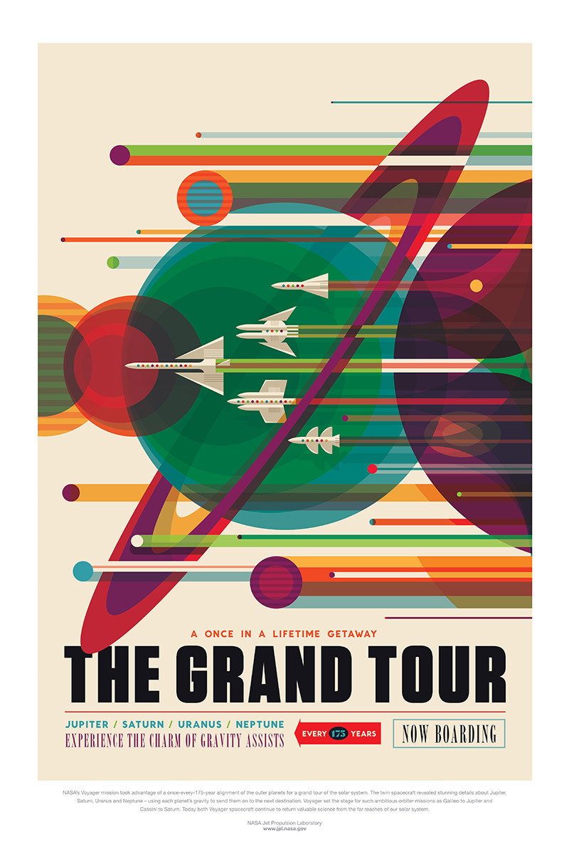 Colorful poster with illustrated spacecraft flying past planets.