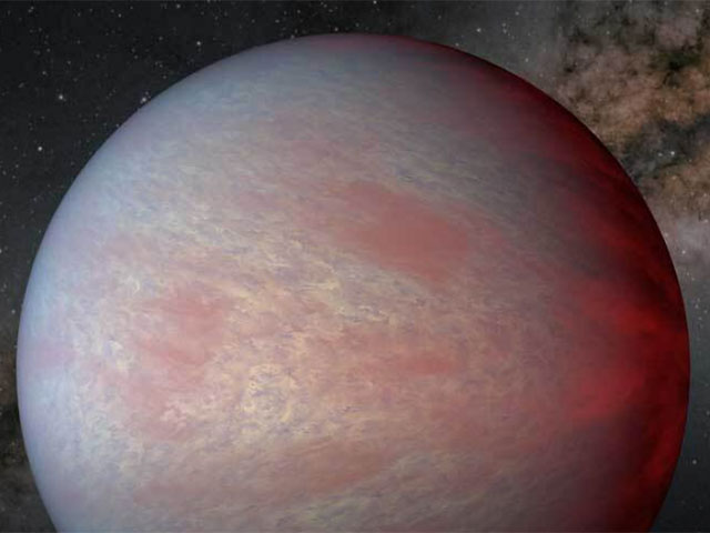 Illustration of mottled, pinkish exoplanet