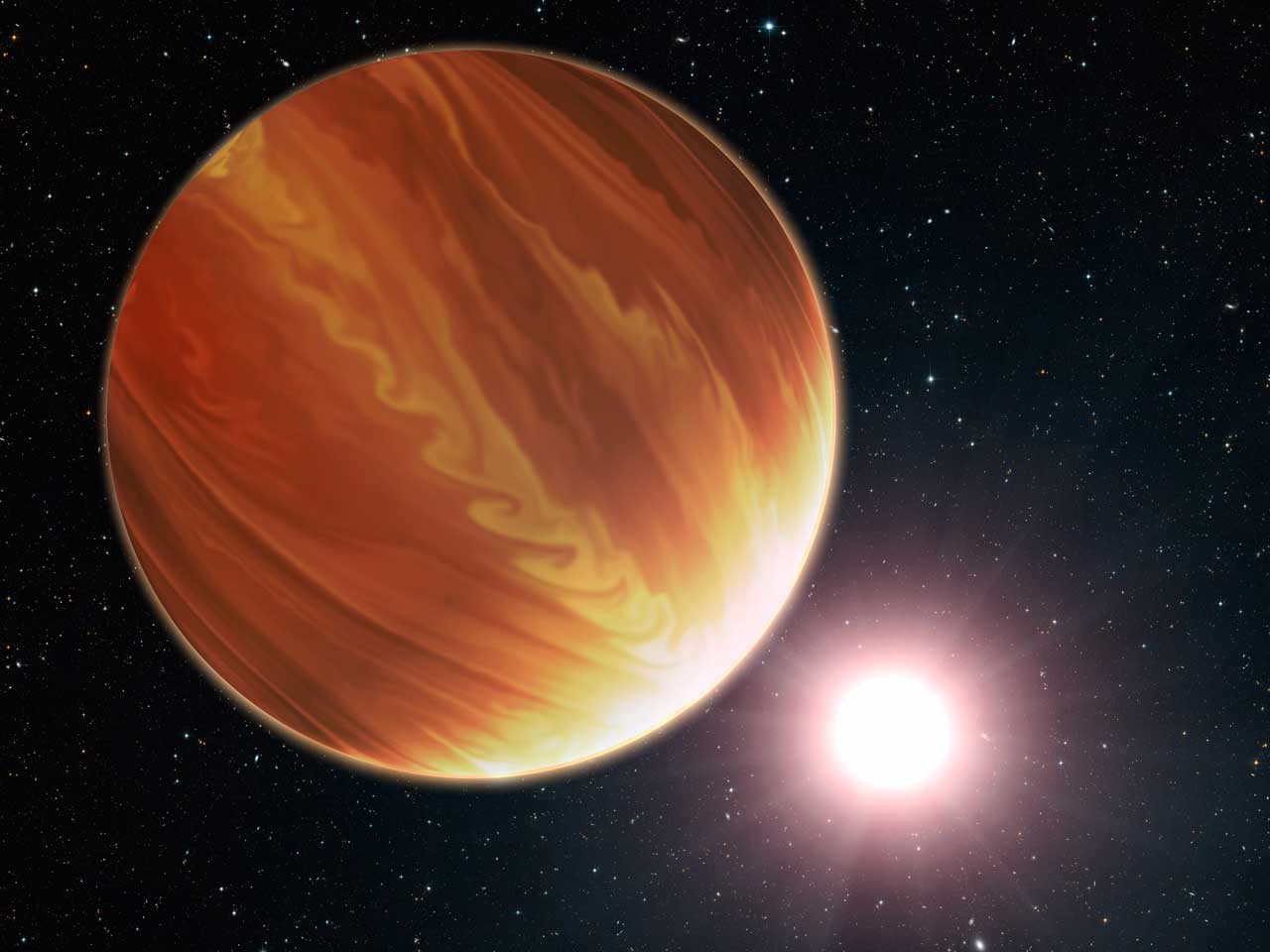 An exoplanet seen orbiting a star in an illustration