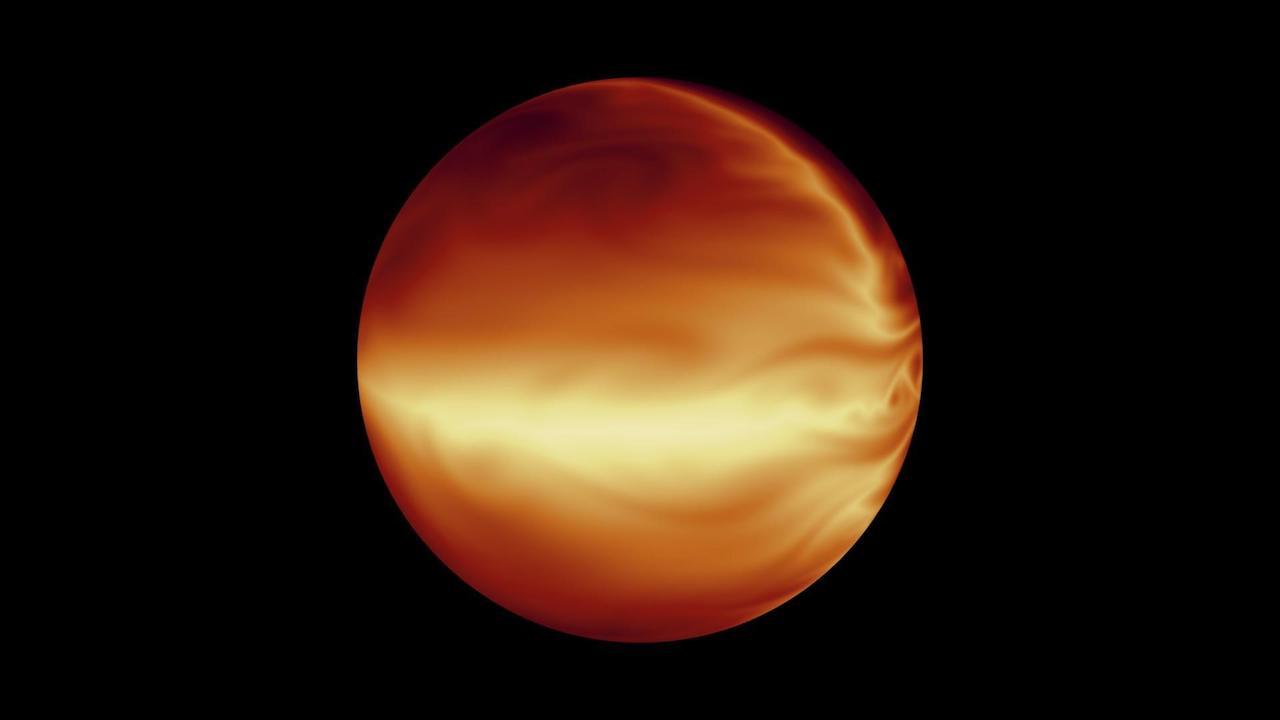 Simulation of turbulent atmosphere in a "hot Jupiter" exoplanet.