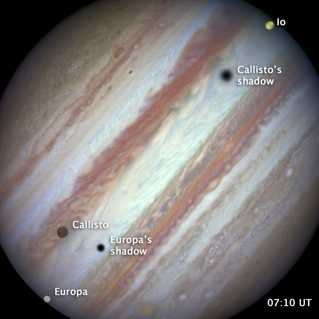 Image of Jupiter with three moons, Europa, Callisto and Io