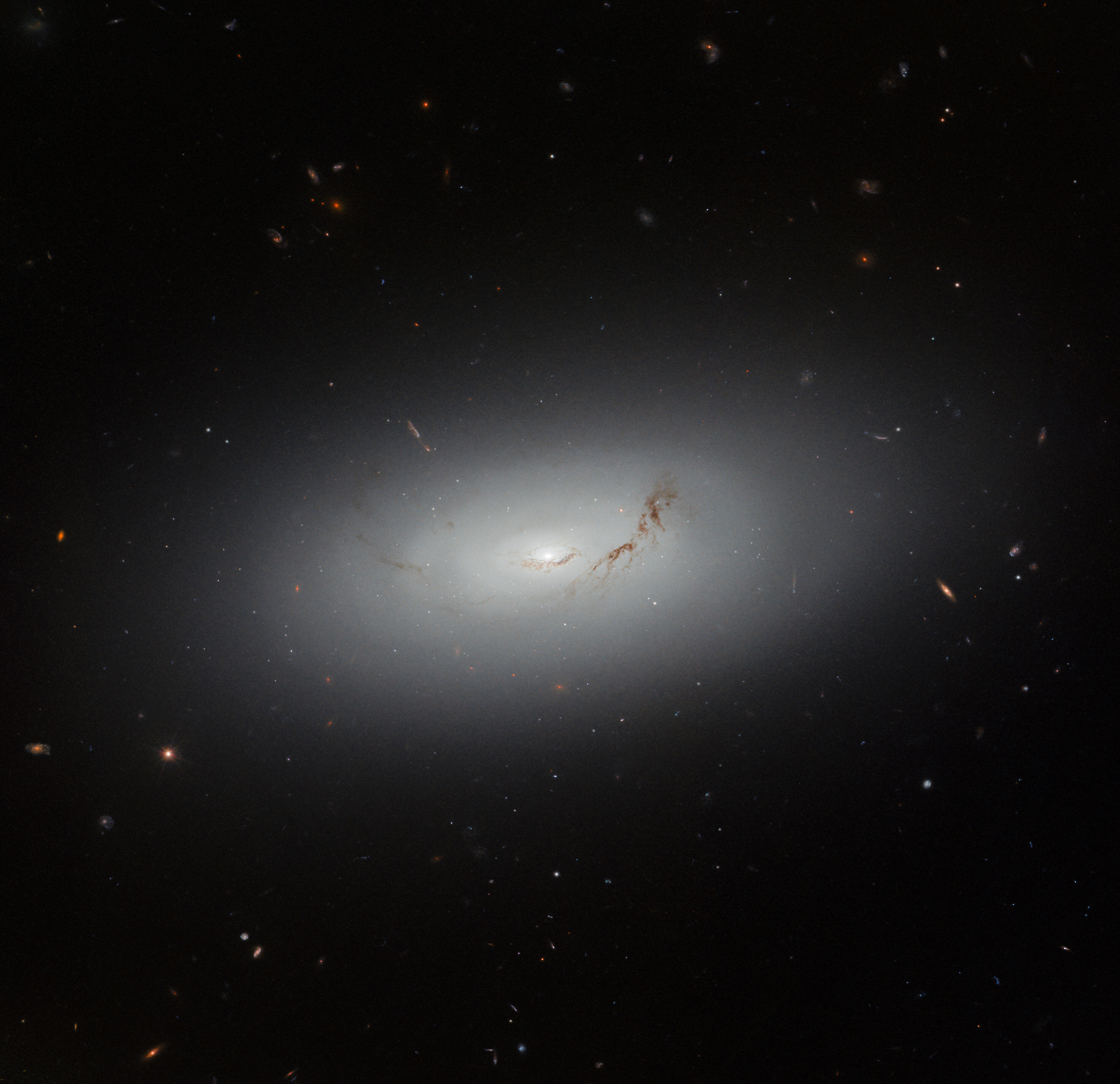 A large lenticular galaxy. It appears as faint, gray, concentric ovals that grow progressively brighter towards the bright core and fades away at the edge. Two threads of dark reddish-brown dust cross the galaxy’s disk, near its center. The background is black and mostly empty, with only a few point stars and small galaxies.