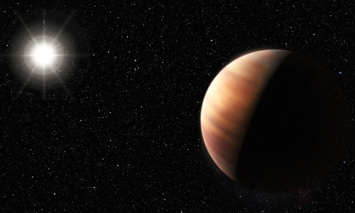 An artist's rendering shows a newly discovered "twin" of our own planet Jupiter, orbiting a distant star. The new planet's mass is about the same as Jupiter's, along with its distance from its star--a star similar to our sun. Image credit: ESO/M. Kornmesser