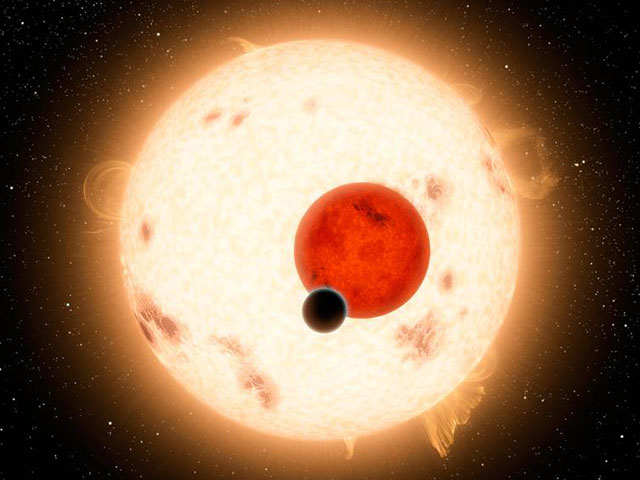 Illustration of a planet backlit by two stars, one larger and one smaller.