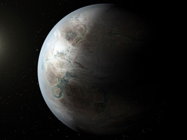 Illustration of grayish exoplanet shrouded in shadow.