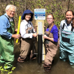 A grey-haired man and three young women, all in waders adn all with big smiles, stand knee-deep in water next to a LOCSS lake level gauge they are in the process of installing. The gauge itself is partially blocked from view by a black post, presumably the one on which they will mount the new gauge.