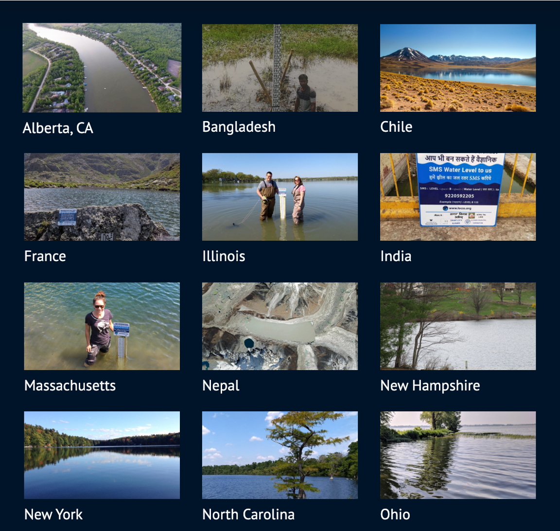 Image shows a grid of twelve thumbnail photographs of water bodies, each labeled with their region. Regions represented are, top to bottom and read left to right, include Alberta, Canada under an image of a river or long and narrow lake; Bangladesh with an image of flooded field; Chile, with a lake next to dry, reddish land; France, with an image of an alpine lake with jagged rocks on the shoreline; Illinois, with a man and woman standing in waders in a lake next to a project gauge; India with a close-up of the project sign; Massachusetts, with a woman standing in waders next to a gauge; Nepal with an aerial image of a glacial lake and the glaciers that feed it; New Hampshire with a lake and a green lawn on the far shore; New York with an unruffled lake reflecting the forest that surrounds it and the blue sky; North Carolina with ruffled lake surrounded by trees and a tall pine in the foreground; Ohio, with a gently lapping lake with a distant far shore.