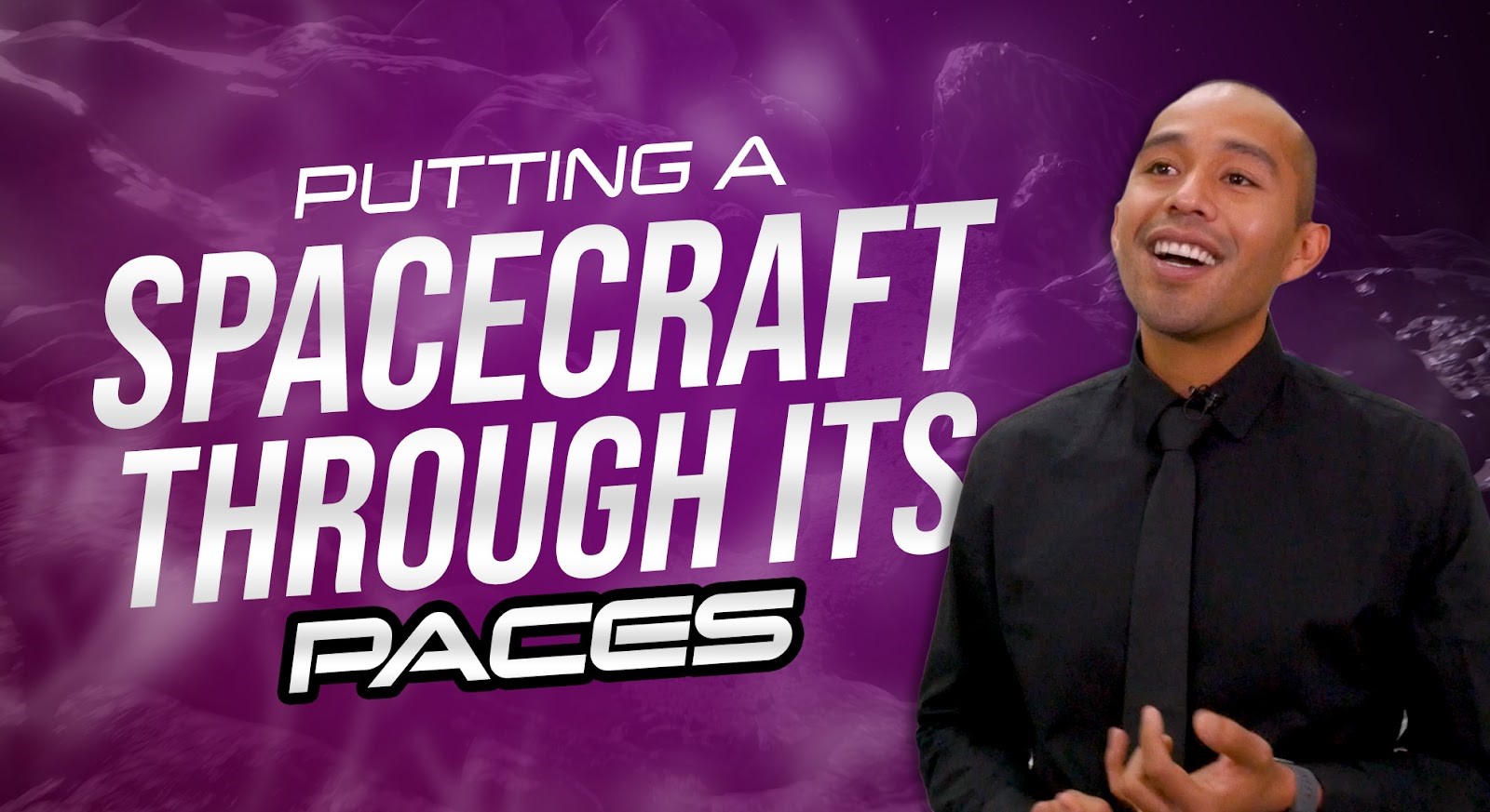 A purple slate with an image of Luis Dominguez and words promoting an episode of Behind the Spacecraft