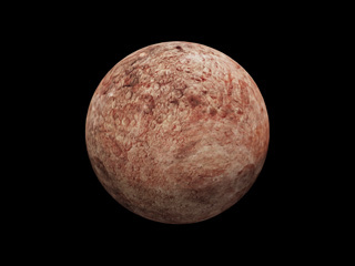 A reddish brown sphere with craters spread across its surface is shown.