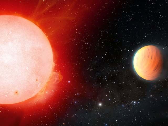 An artist's concerns concept illustration shows a fiery red star at left with a close exoplanet at against the star-filled background of space.