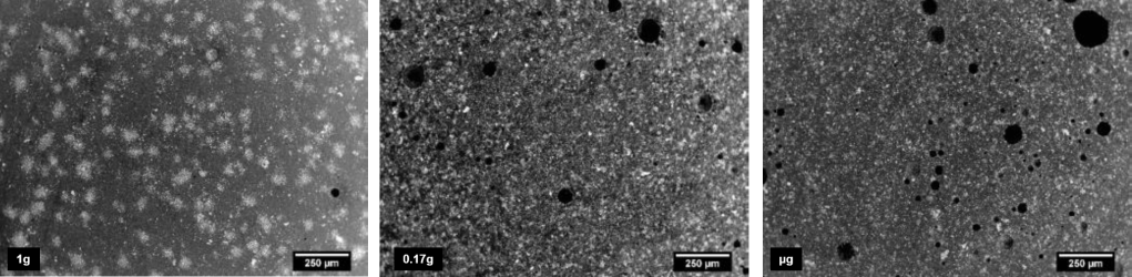 Comparison of porosity distribution in cement as a function of Earth-gravity (1g), Lunar-gravity (0.17g), and microgravity (μg) conditions.