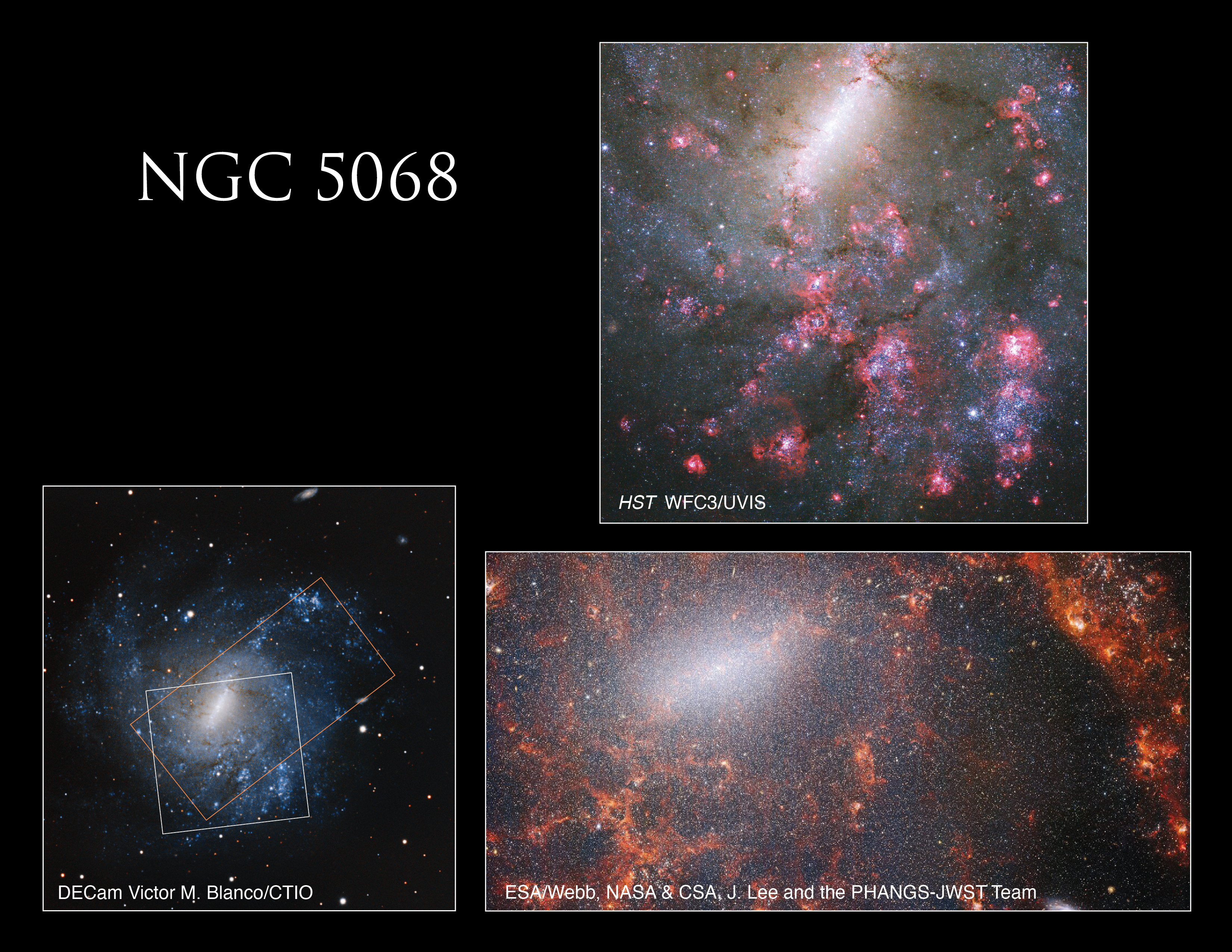 Three images of the galaxy NGC 5068 on a black background. The Hubble image in ultraviolet, visible, and near-infrared light (upper-right) reveals the galaxy's bright-white central bar of stars and tendrils of its spiral arms in hues of pink and blue below. The Webb image in infrared (lower-right) reveals the bright-white central bar and orange details of the galaxy's inner spiral arms. The lower-left image is a wide-field image of NGC 5068 that holds boxes that outline the locations of the Hubble and Webb images.