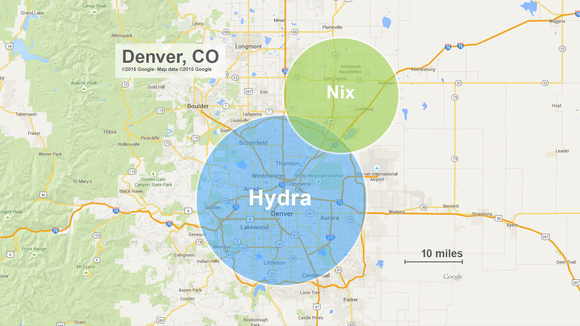 The approximate sizes of Pluto's moons Nix and Hydra compared to Denver, Colorado.