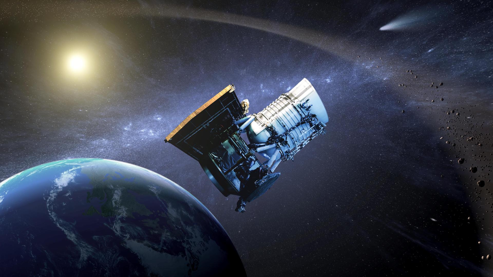 This artist concept shows the NASA WISE spacecraft, in its orbit around Earth. In September of 2013, engineers will attempt to bring the mission out of hibernation to hunt for more asteroids and comets in a project called NEOWISE.