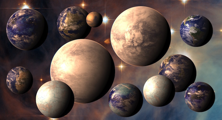 Artist's rendering of potentially habitable exoplanets, plus Earth (top right) and Mars (top center).