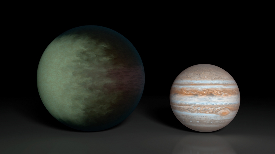 Kepler-7b (right), which is 1.5 times the radius of Jupiter (left), is the first exoplanet to have its clouds mapped. The cloud map was produced using data from NASA's Kepler and Spitzer space telescopes.