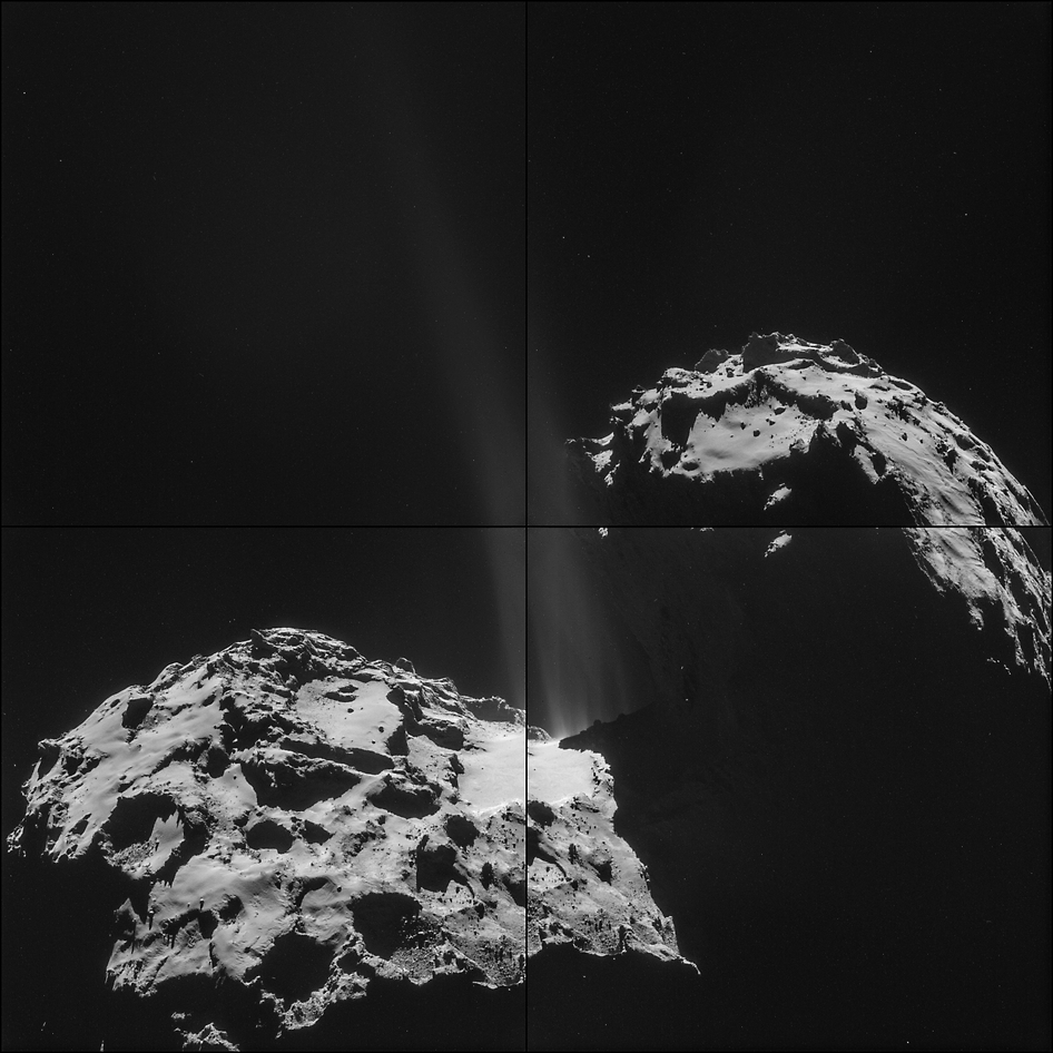 The four images that make up this montage of comet 67P/Churyumov-Gerasimenko were taken on September 26, 2014 by the European Space Agency's Rosetta spacecraft.