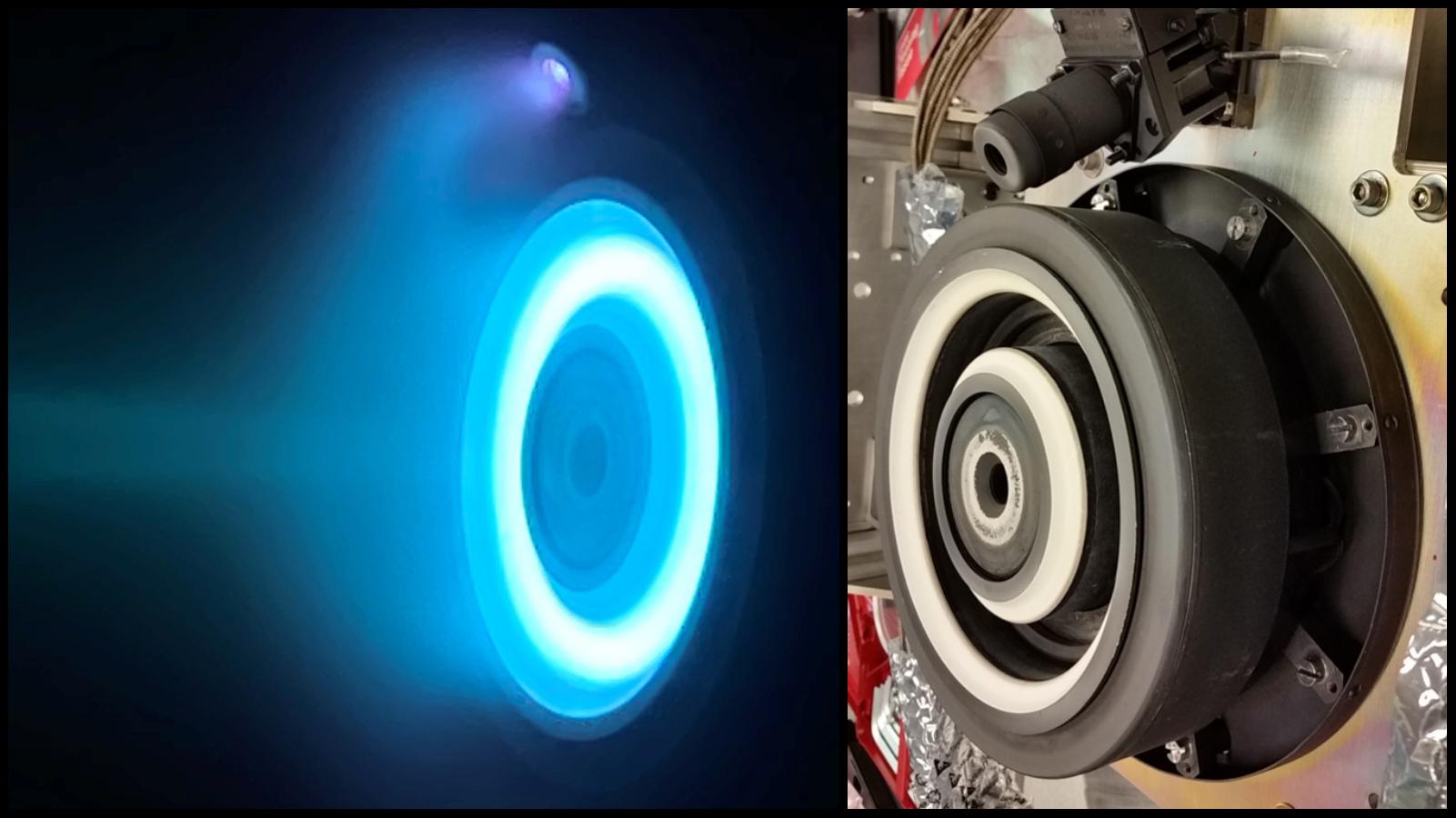 A Hall thruster glows blue
