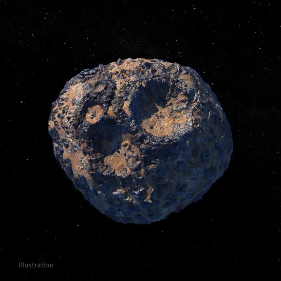 Asteroid Psyche in space. The asteroid has reddish patches and large craters.