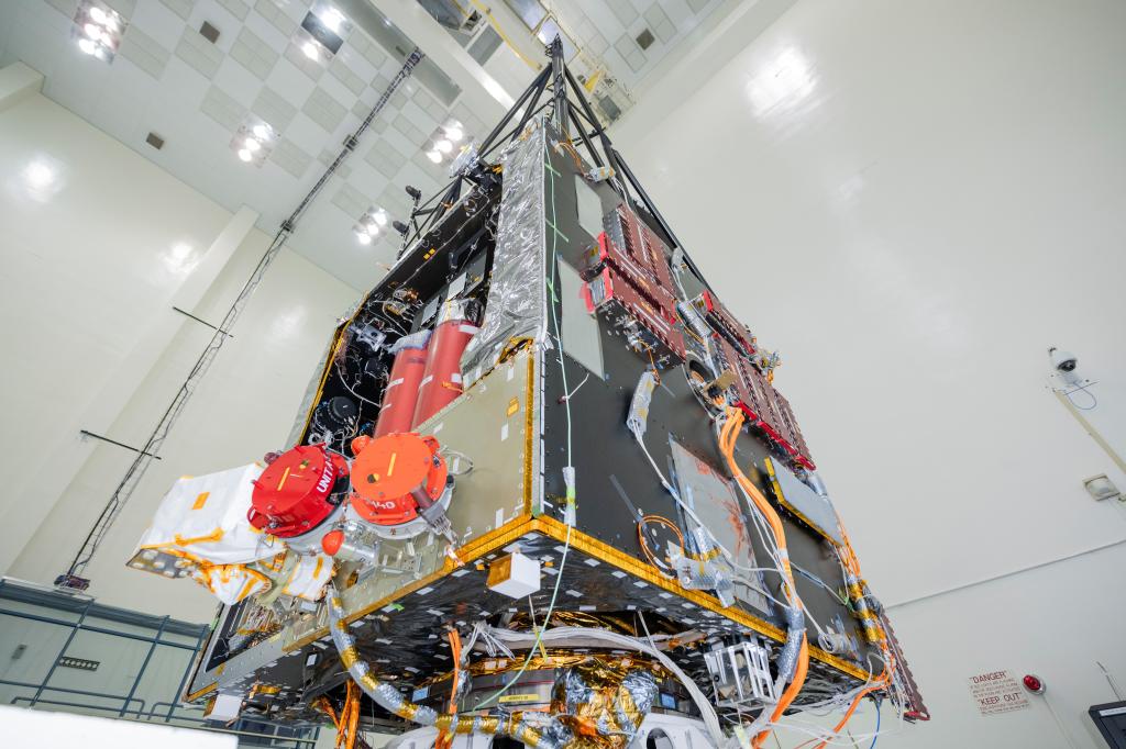 An image looking up at the Psyche spacecraft.