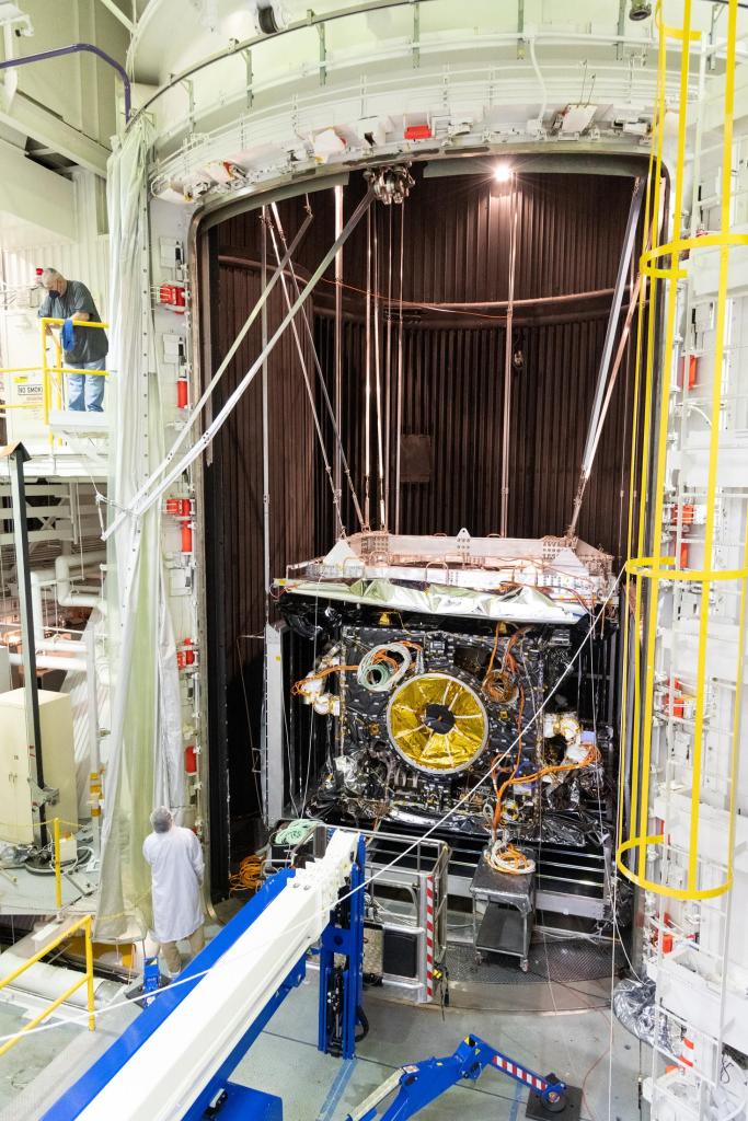 The Psyche spacecraft is moved into a vacuum chamber.