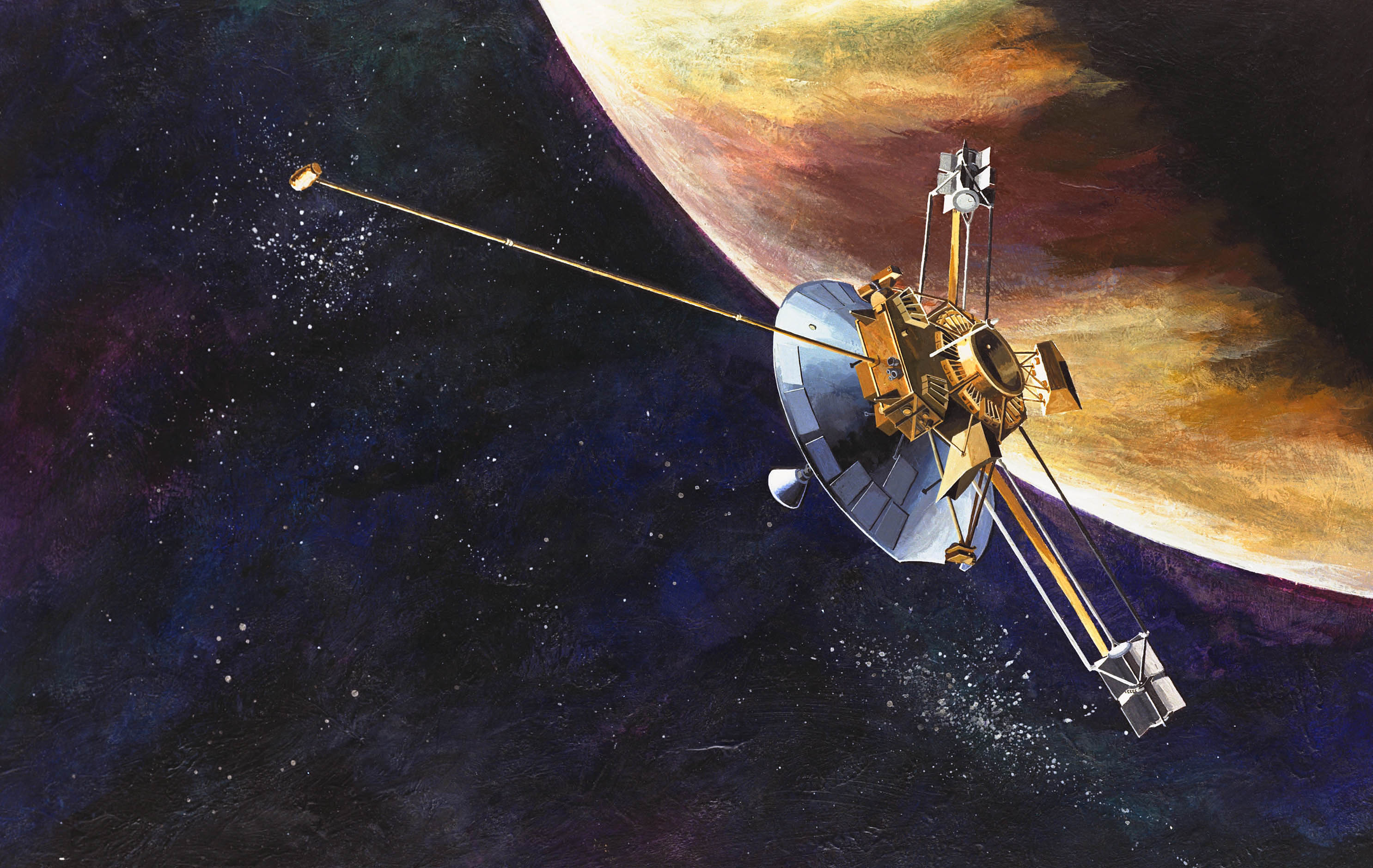 Illustration of spacecraft flying past the limb of Jupiter.