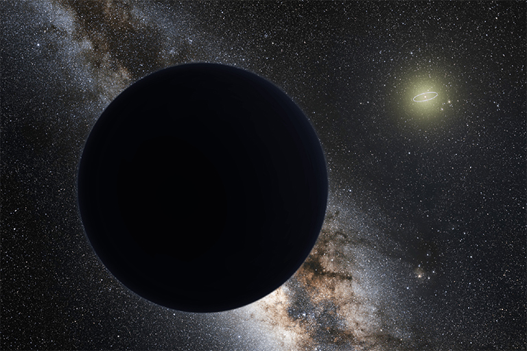 An artist’s illustration of a possible ninth planet in our solar system, hovering at the edge of our solar system. Neptune’s orbit is show as a bright ring around the Sun. Credit: ESO/Tom Ruen/nagualdesign